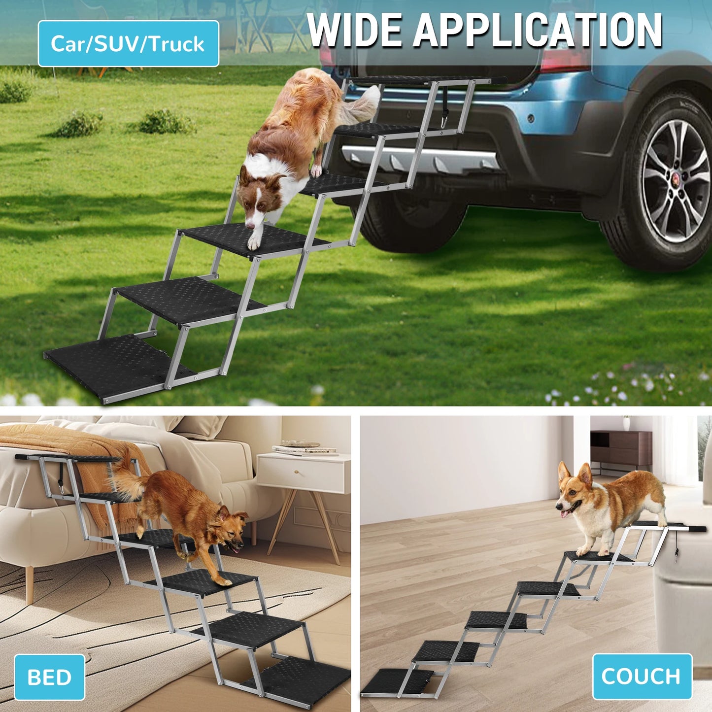 Adjustable Foldable Dog Stairs Set - Stainless Steel Pet Steps for Cars